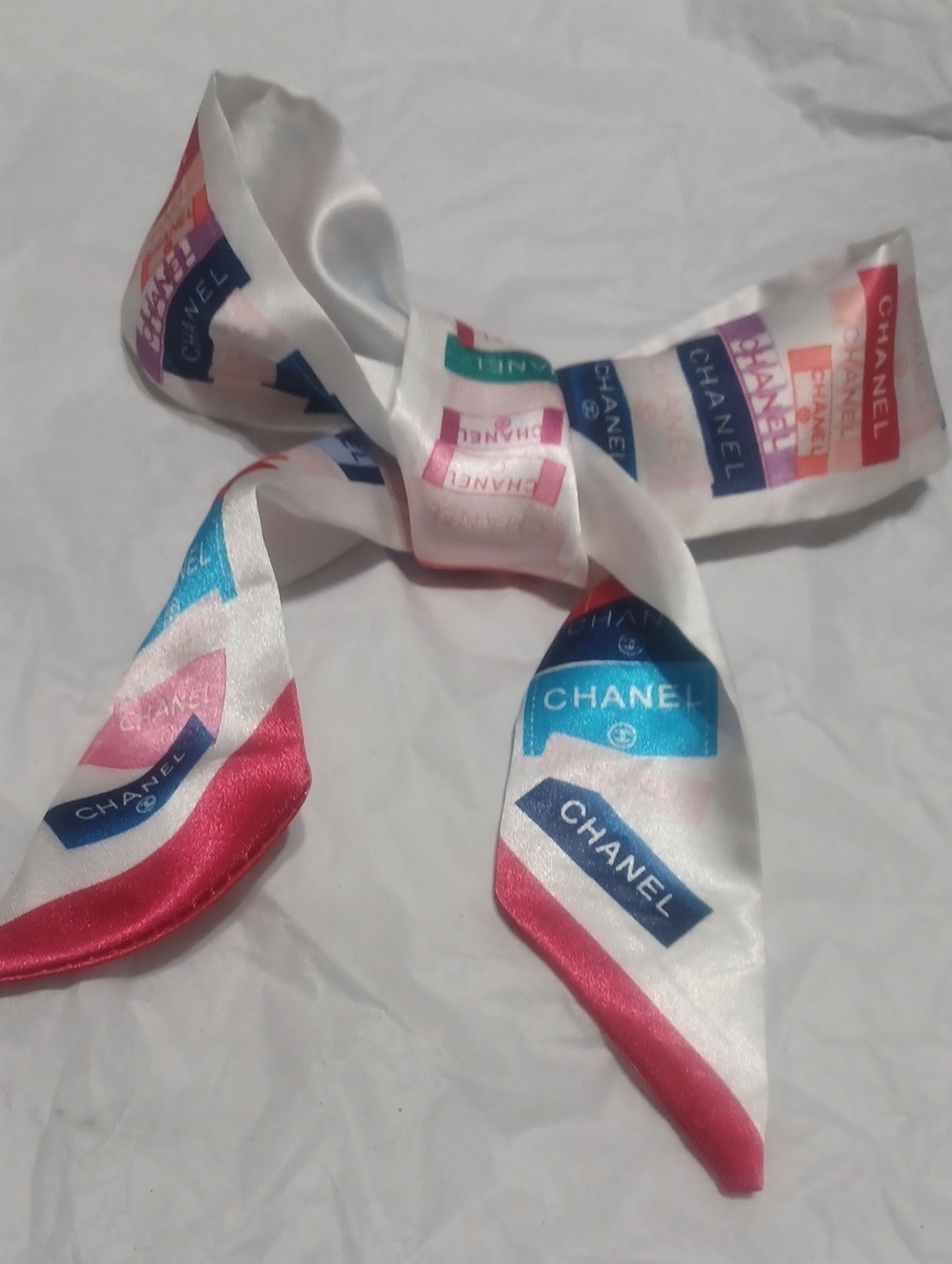 Fashion Inspired White Silk Logo Ribbon Twilly with Multicolor Accents